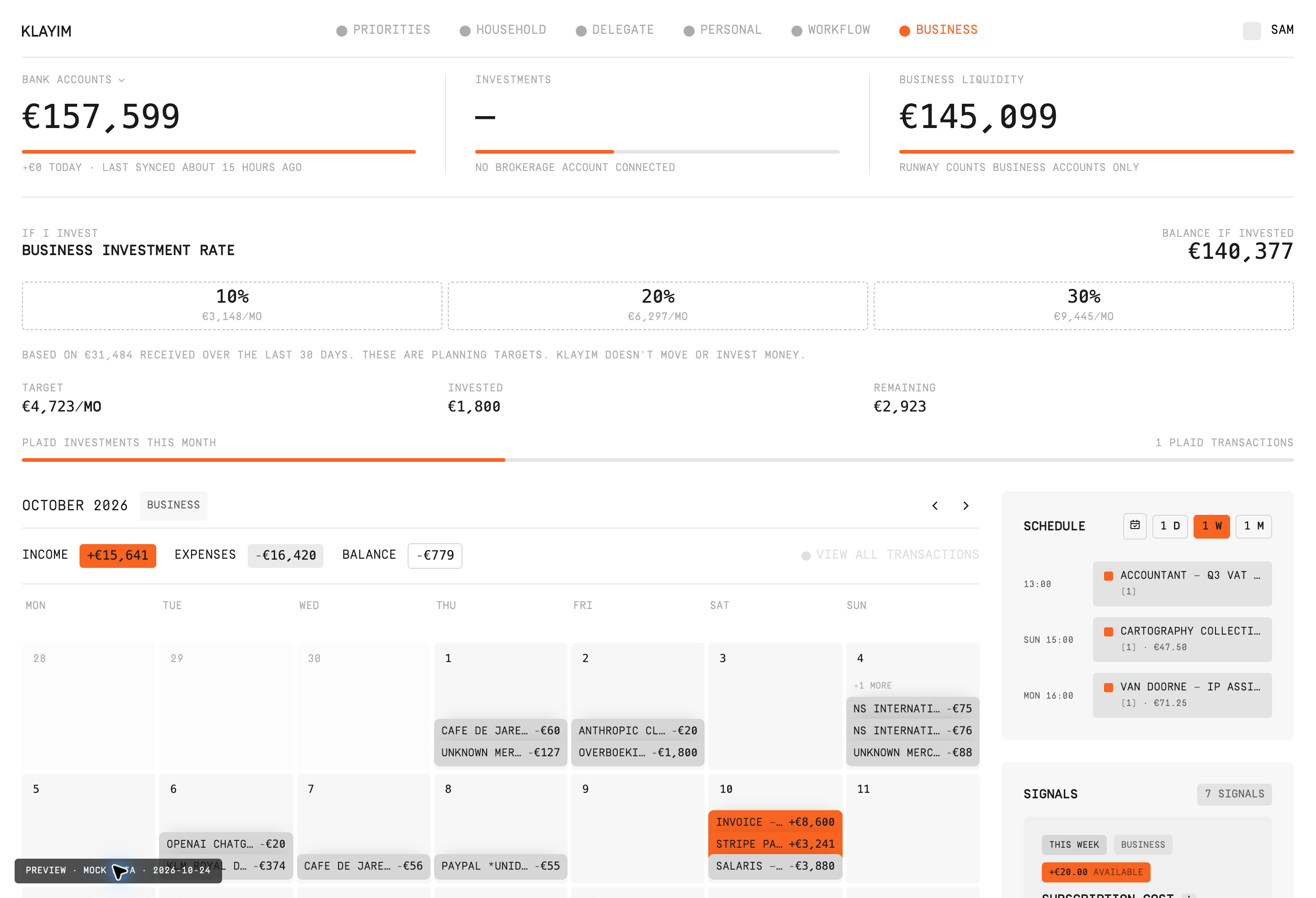 Screenshot of the Klayim Business tab with demo data.