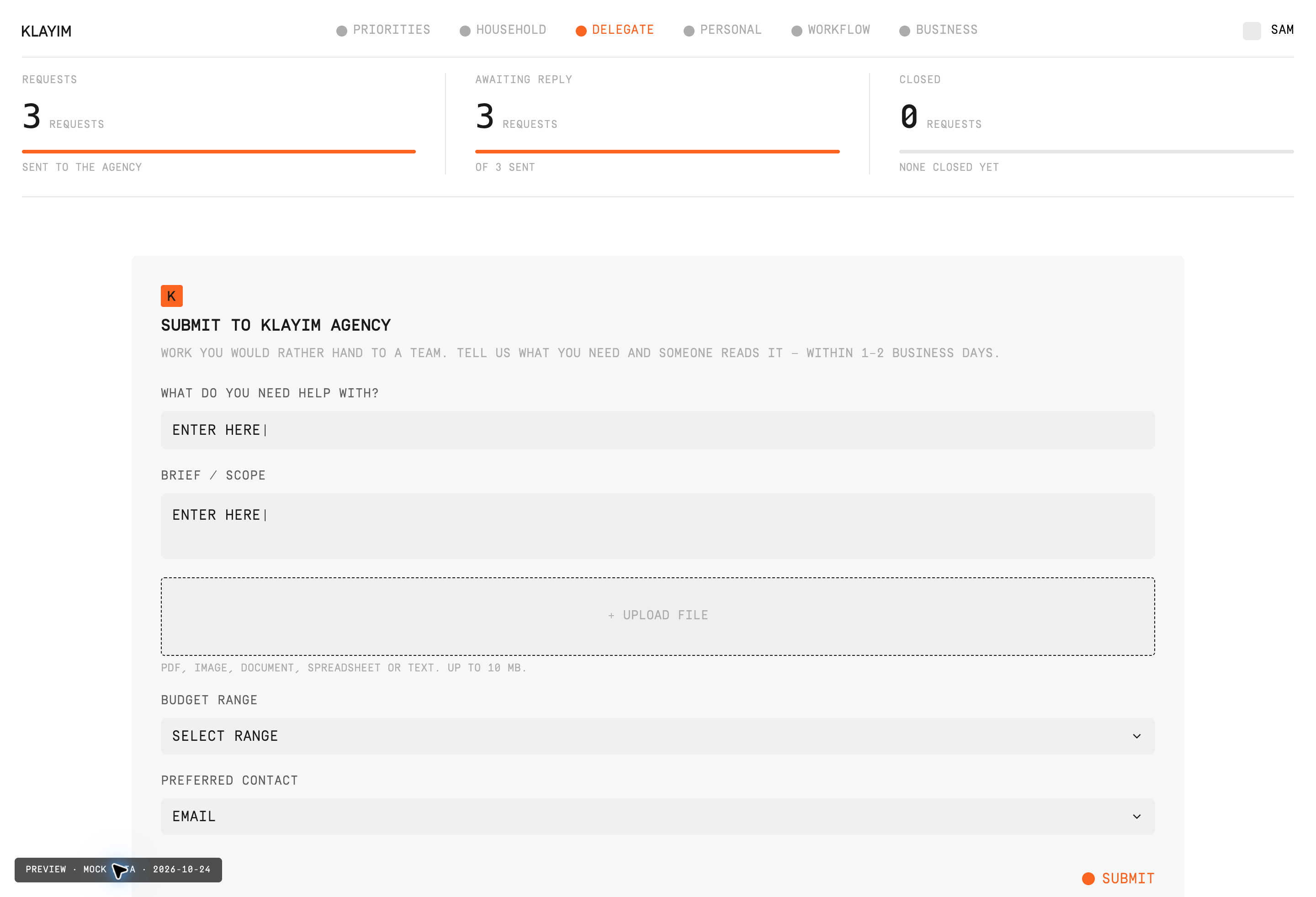 Screenshot of the Klayim Delegate tab with demo data.
