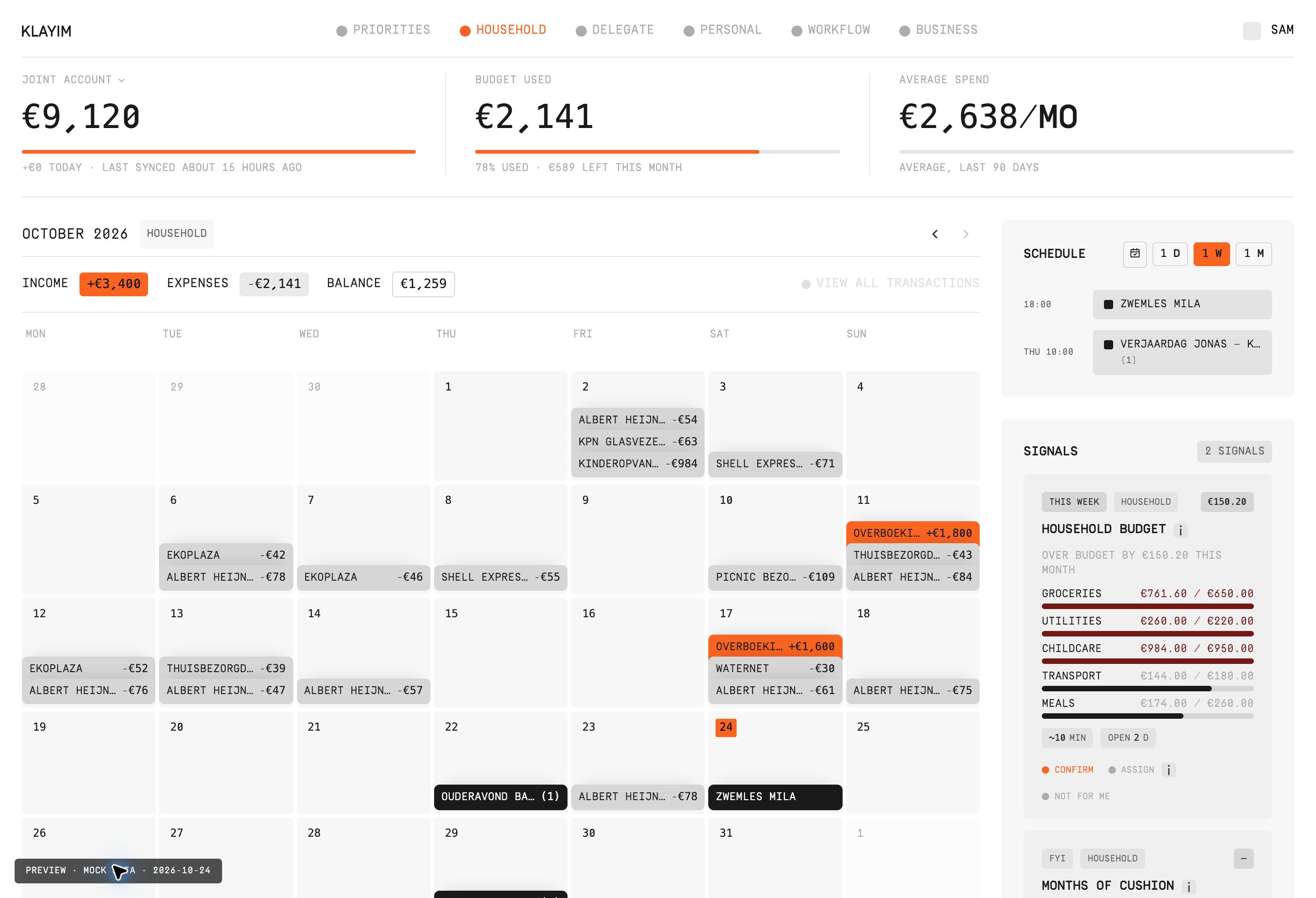 Screenshot of the Klayim Household tab with demo data.