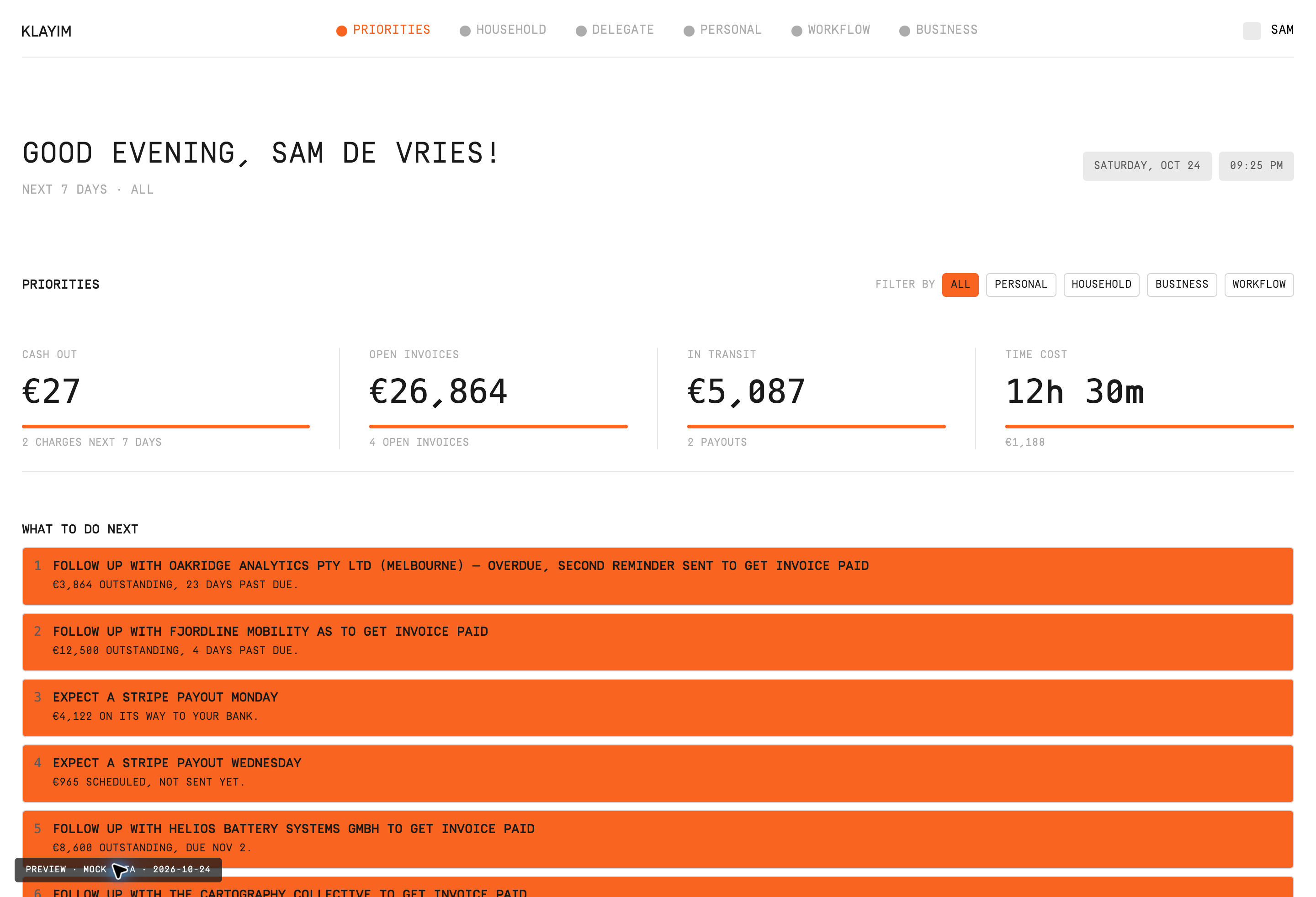 Screenshot of the Klayim Priorities tab with demo data.